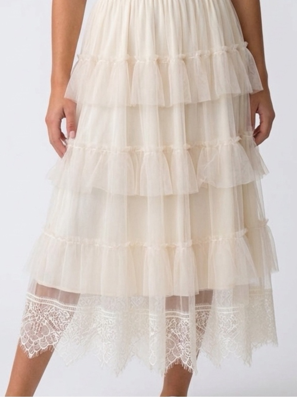 SooLinen Apricot Tulle A-Line Skirt High-Waist Lace Trim